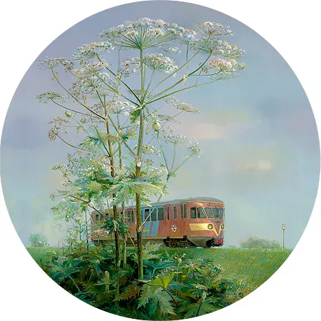 een schilderij van een bus en bloemen in een veld