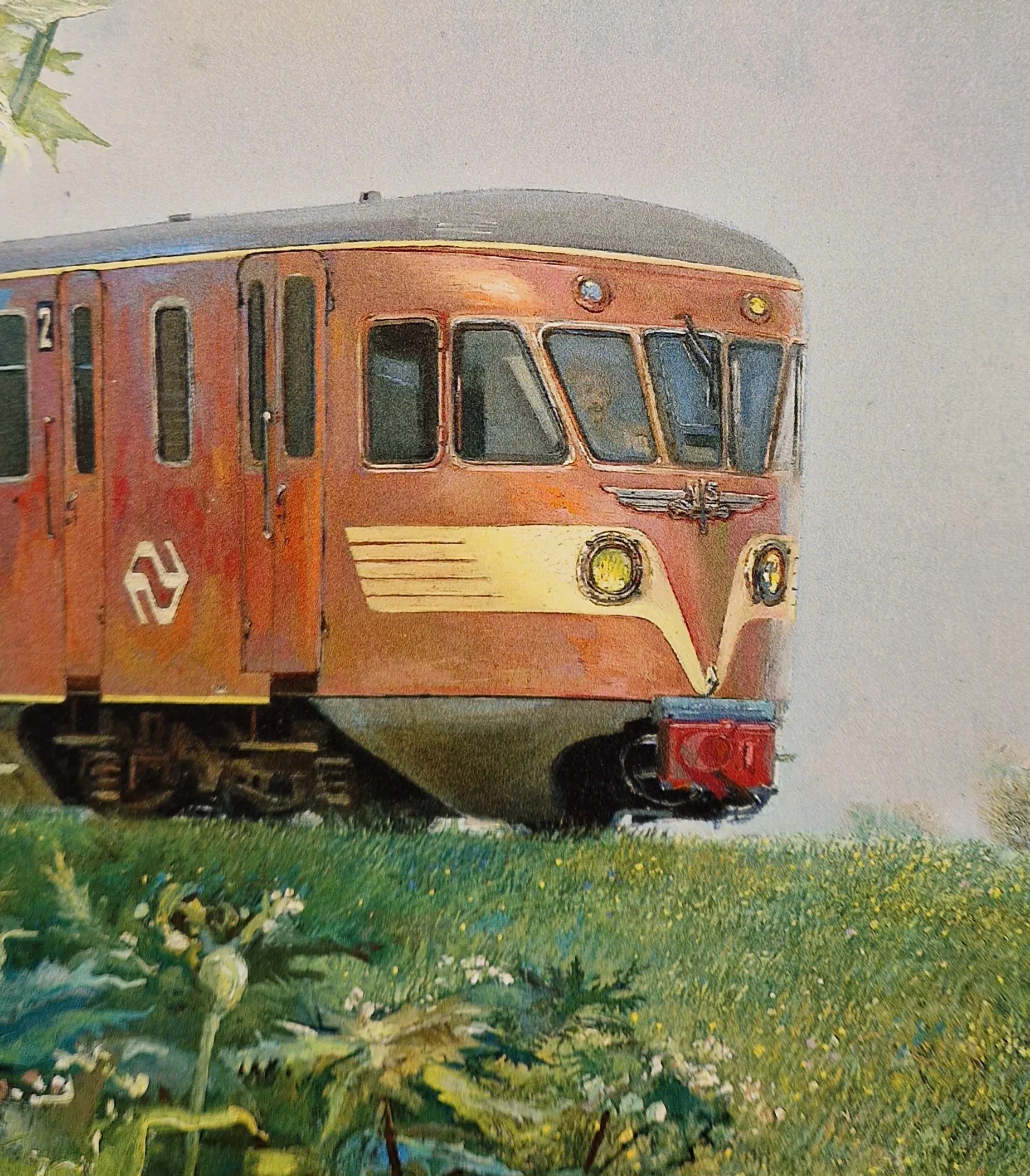 een schilderij van een trein op het spoor