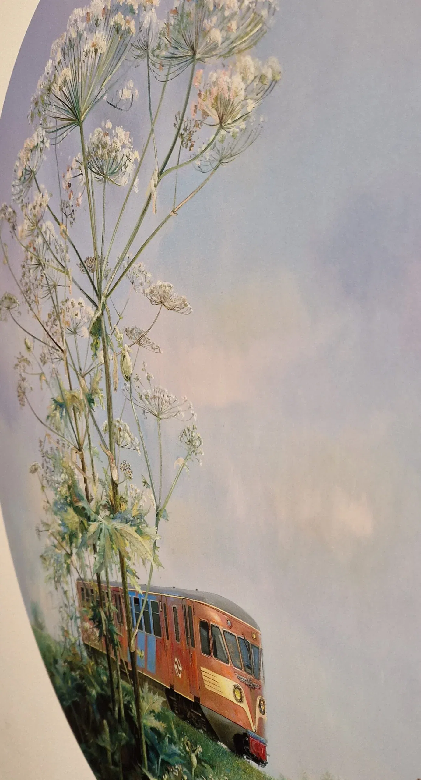 een schilderij van een bus op een heuvel met bloemen