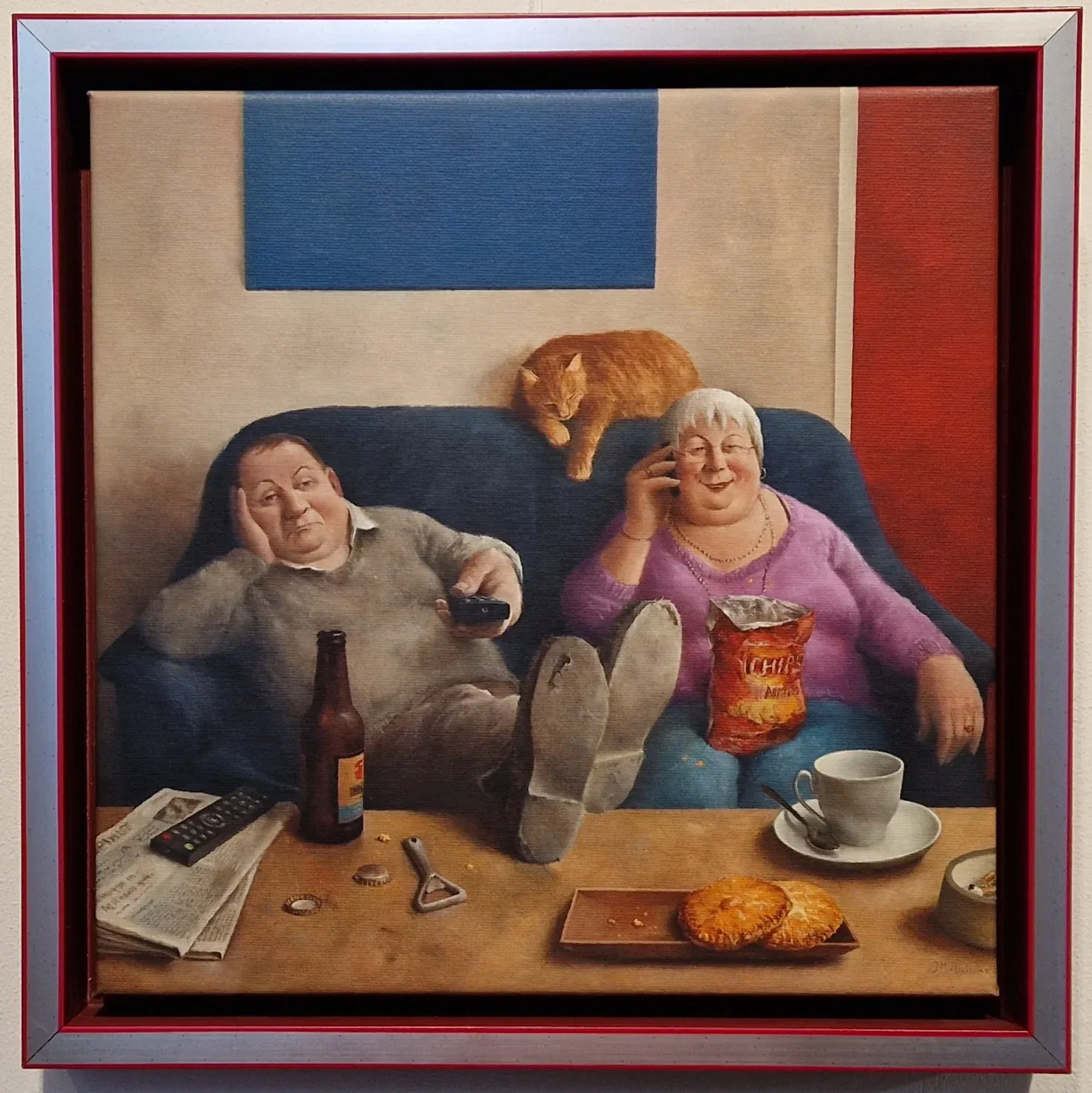 een schilderij van twee mensen zittend op een bank