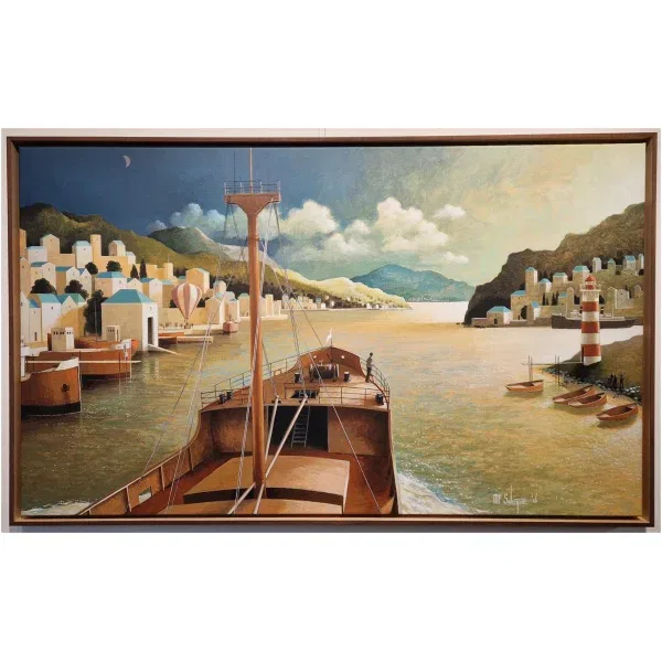 een schilderij van een boot in het water