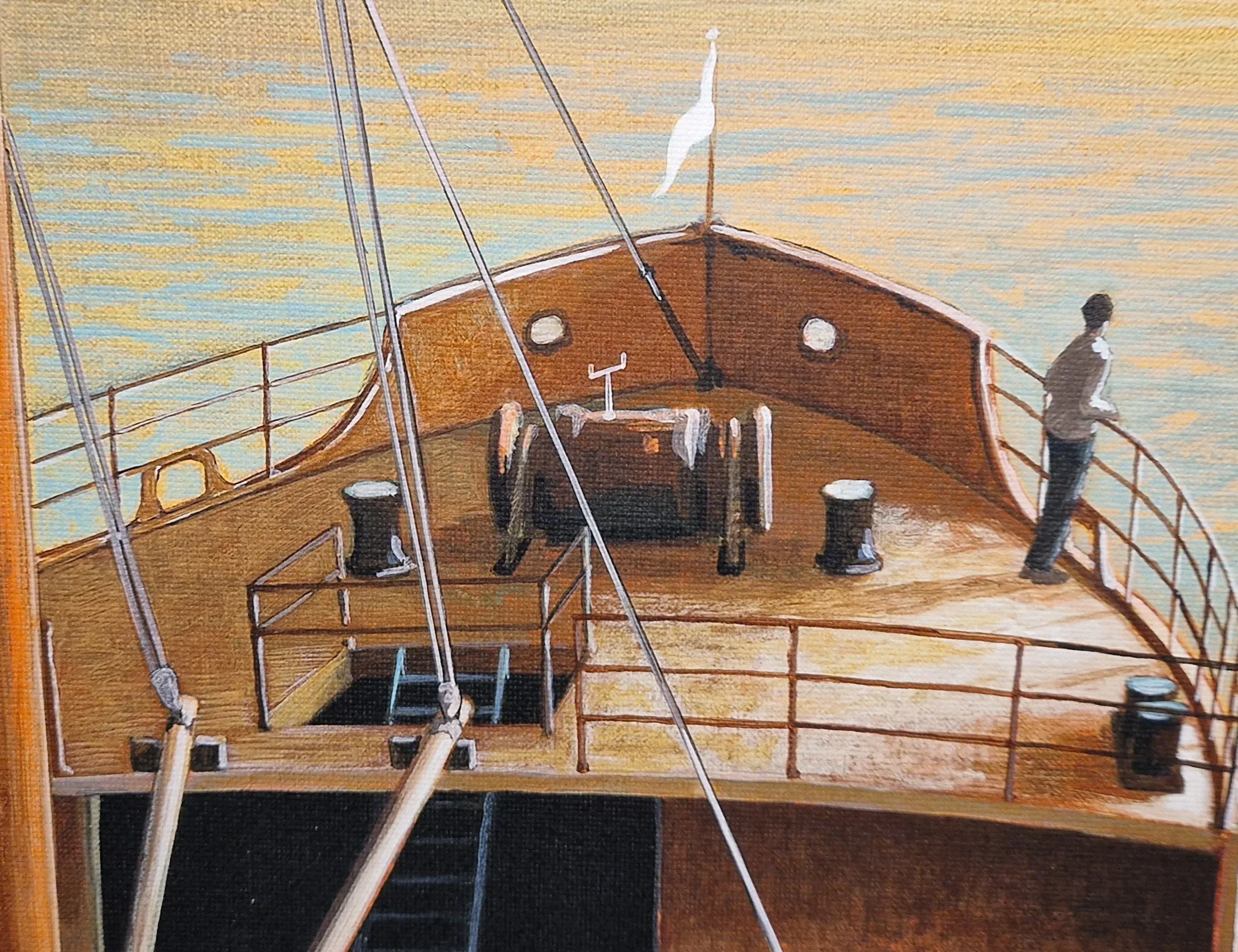 een schilderij van een man die op het dek van een boot staat