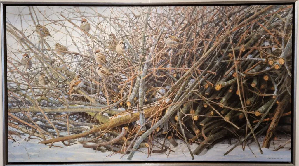 een schilderij van takken en twijgen in de sneeuw