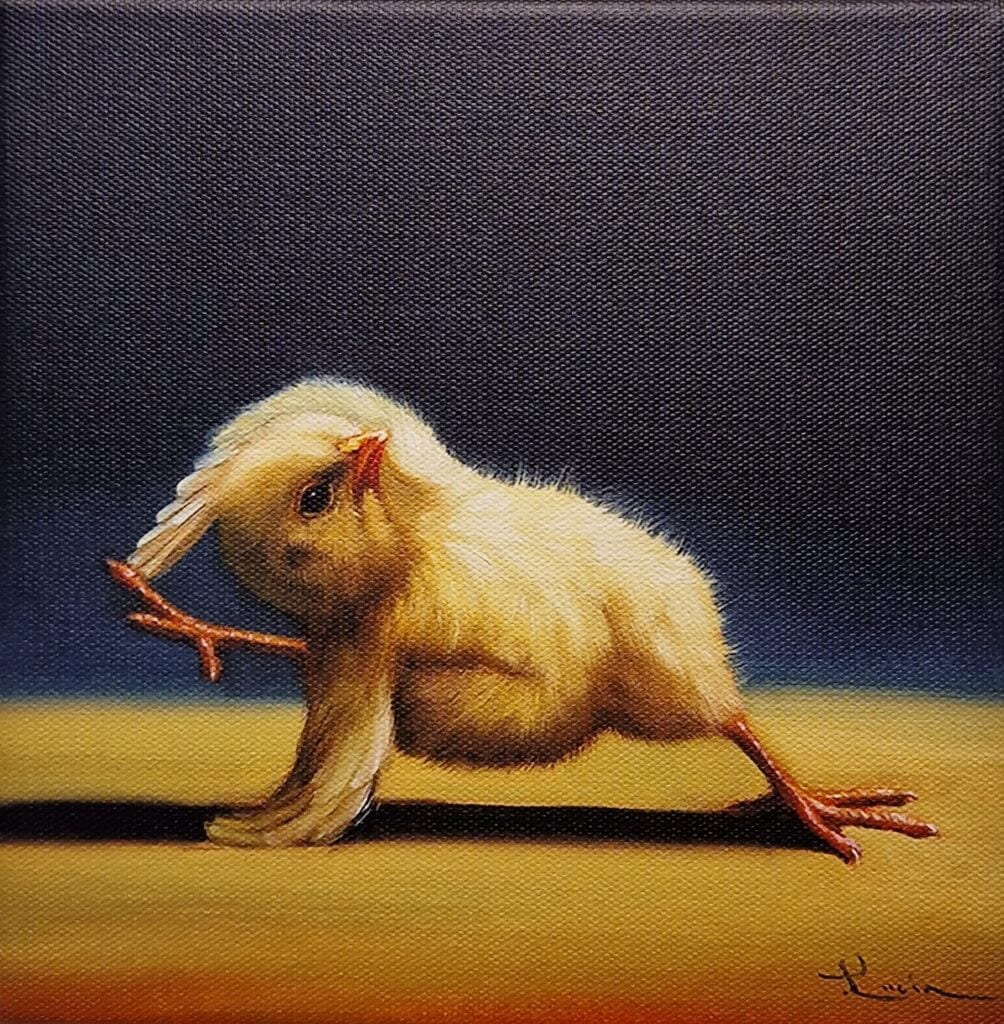 een schilderij van een kip met lange poten