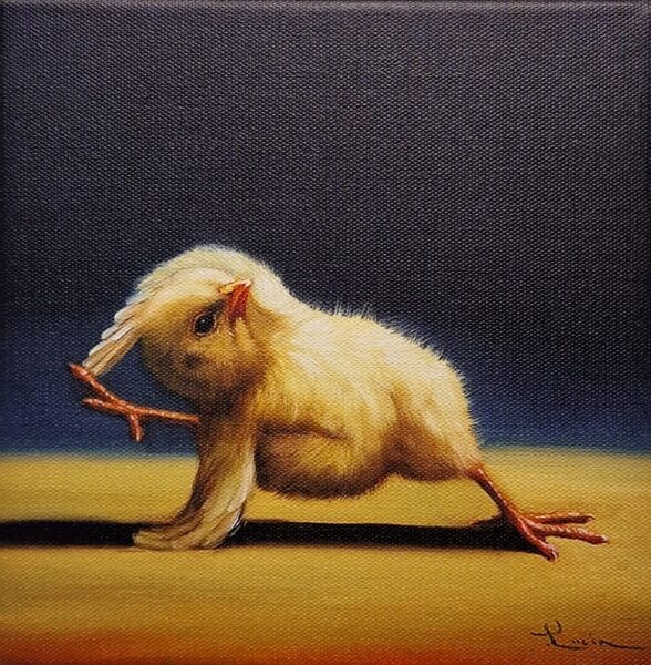 een schilderij van een kip met lange poten