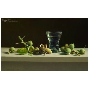 Stilleven met walnoten en romeins glas