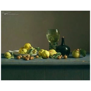 Stilleven met grote roemer en kweeperen