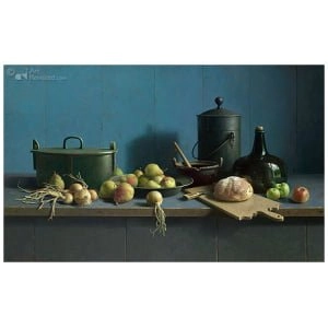 Stilleven met fruit en brood tegen blauw