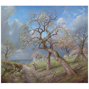 Bloeiende appelbomen met Maasvallei