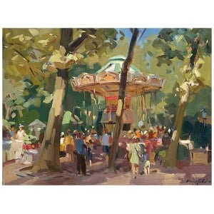 een schilderij van mensen die rondlopen in het park