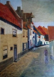 een schilderij van een persoon die door een straat loopt