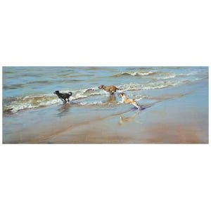 drie honden rennen op het strand in het water