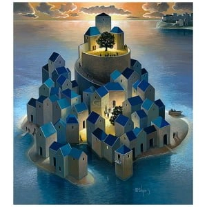 een schilderij van een eiland met huizen en een boom