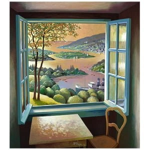 een schilderij van een tafel en stoel voor een raam