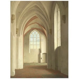 een schilderij van een gang met bogen en ramen