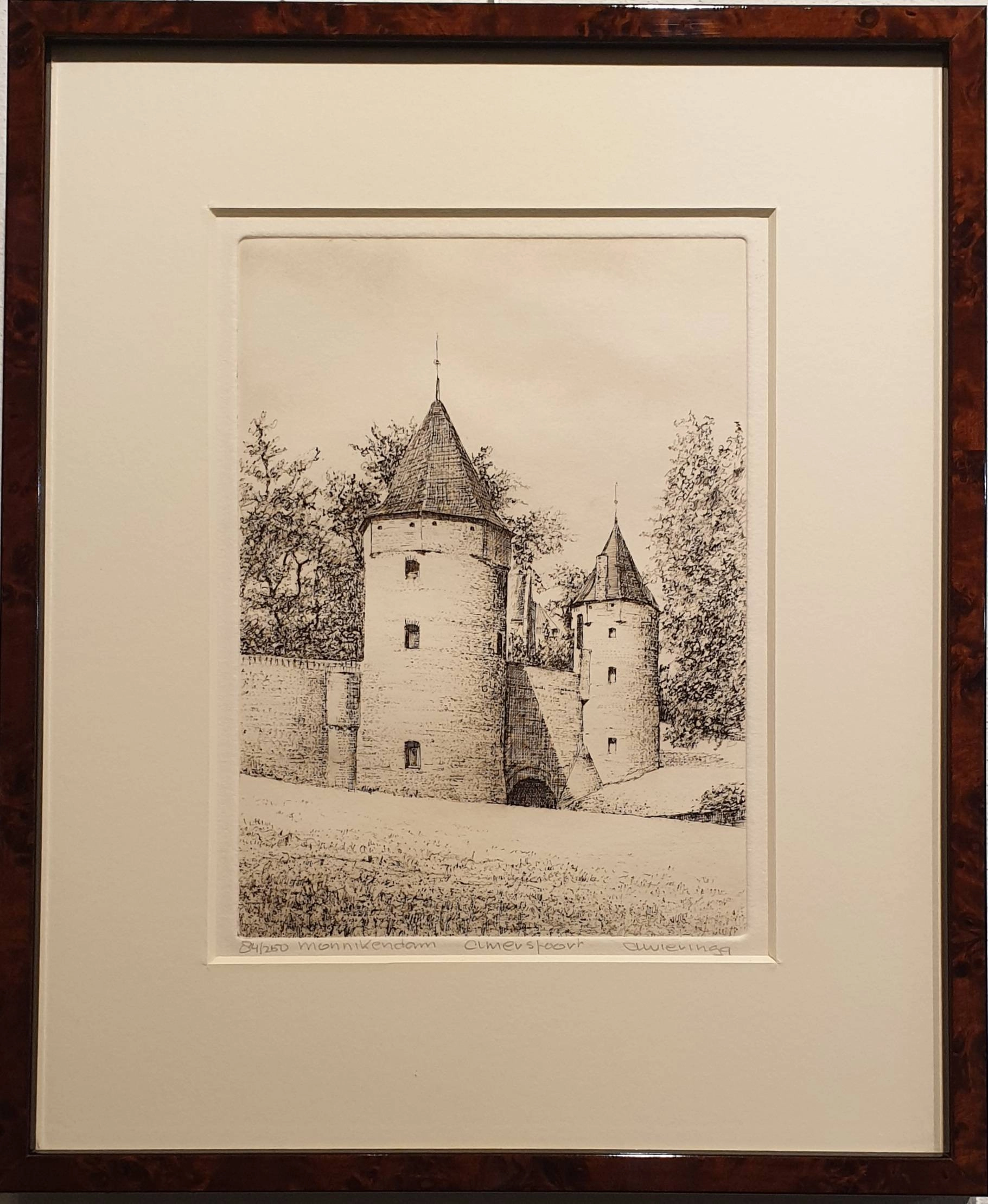 een zwart-wit tekening van een kasteel