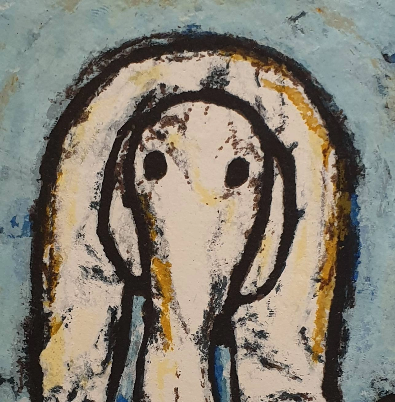 een schilderij van een olifantenkop in het midden van een blauwe achtergrond