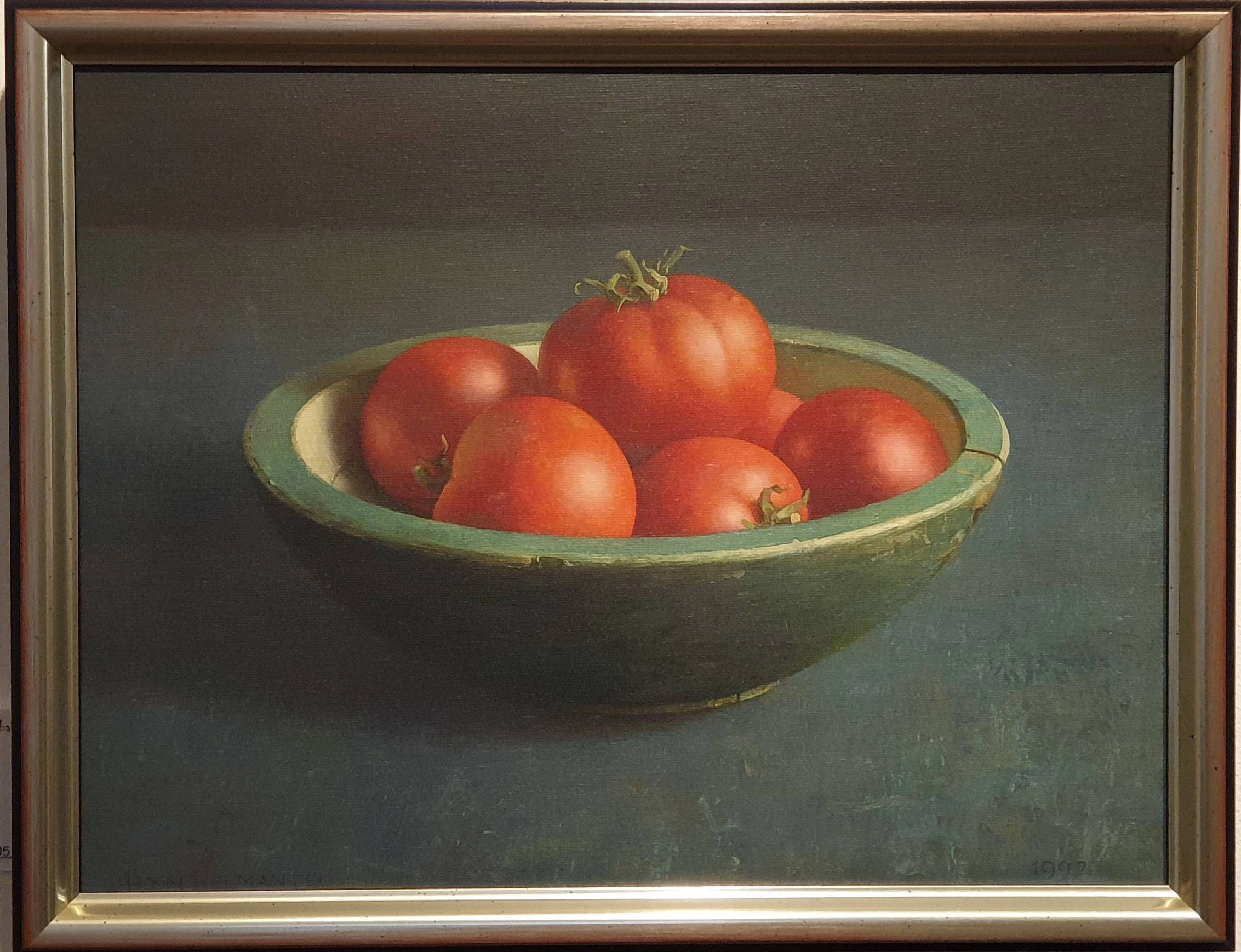 een schilderij van tomaten in een groene kom