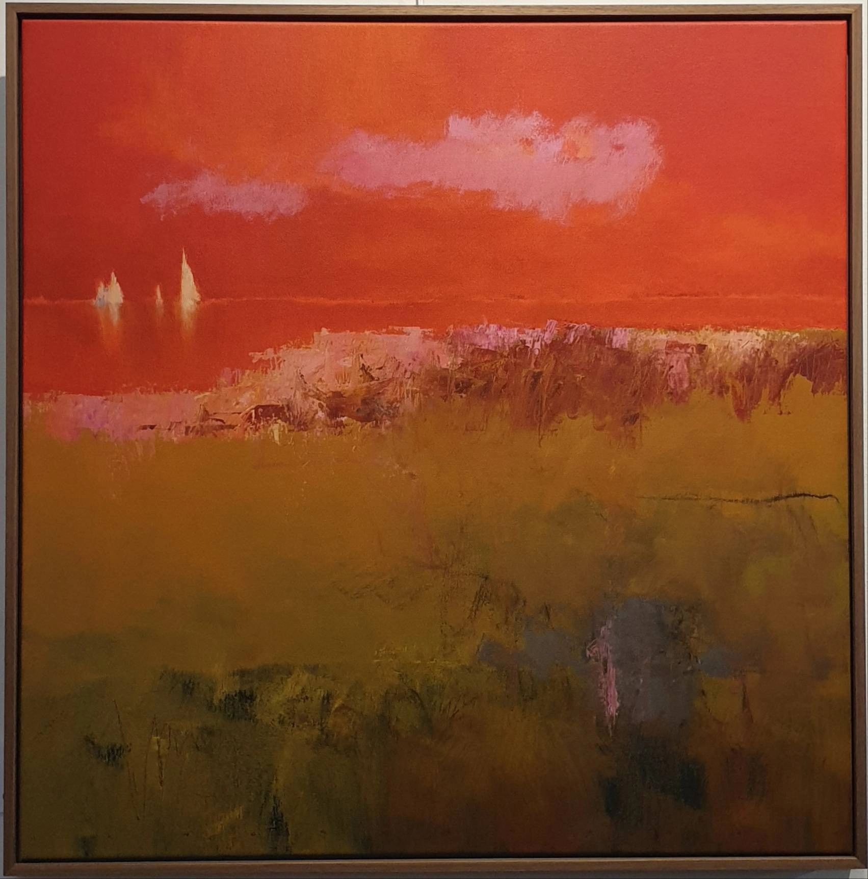 een abstract schilderij met rode en gele kleuren