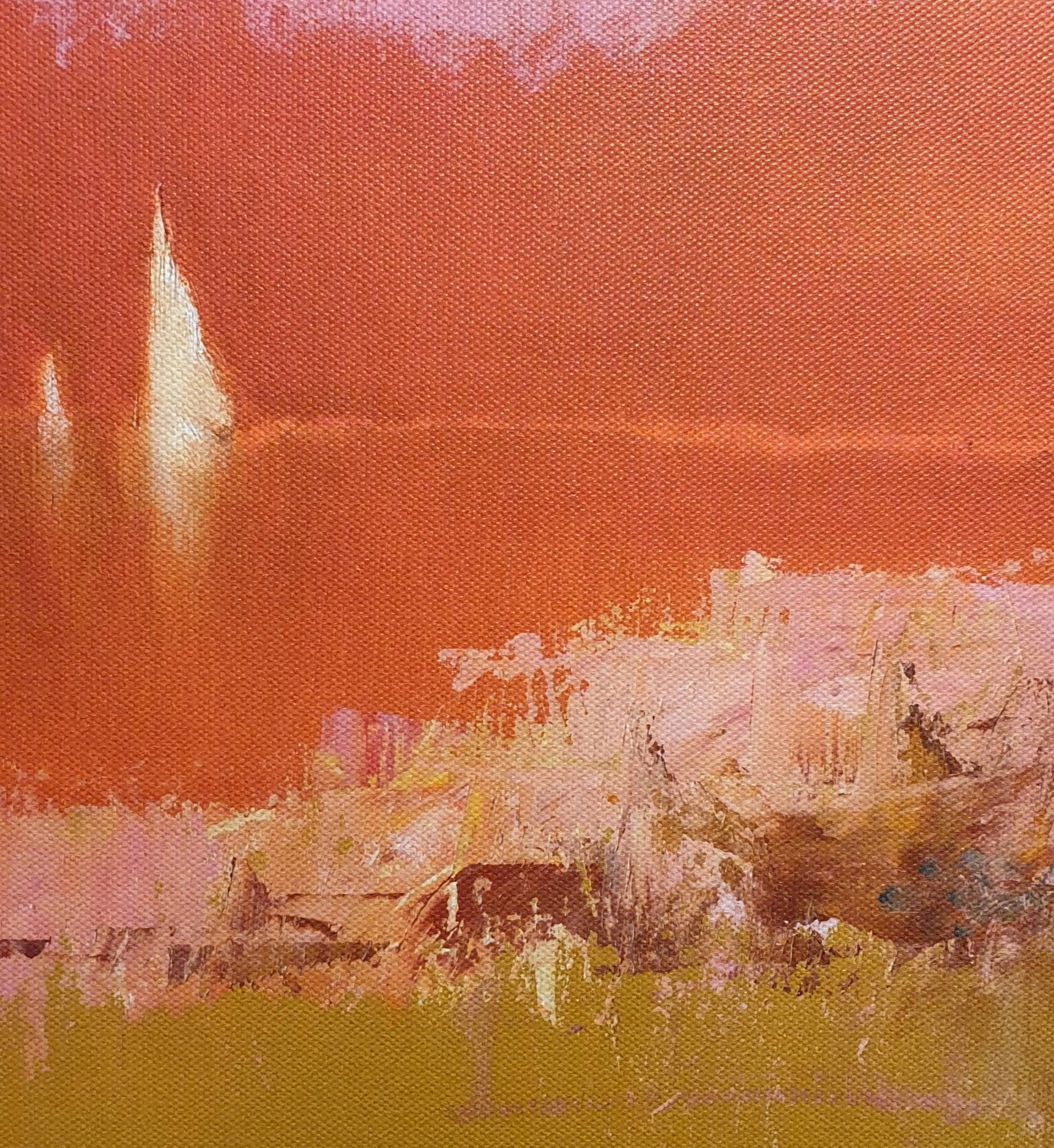 een abstract schilderij met oranje en gele kleuren