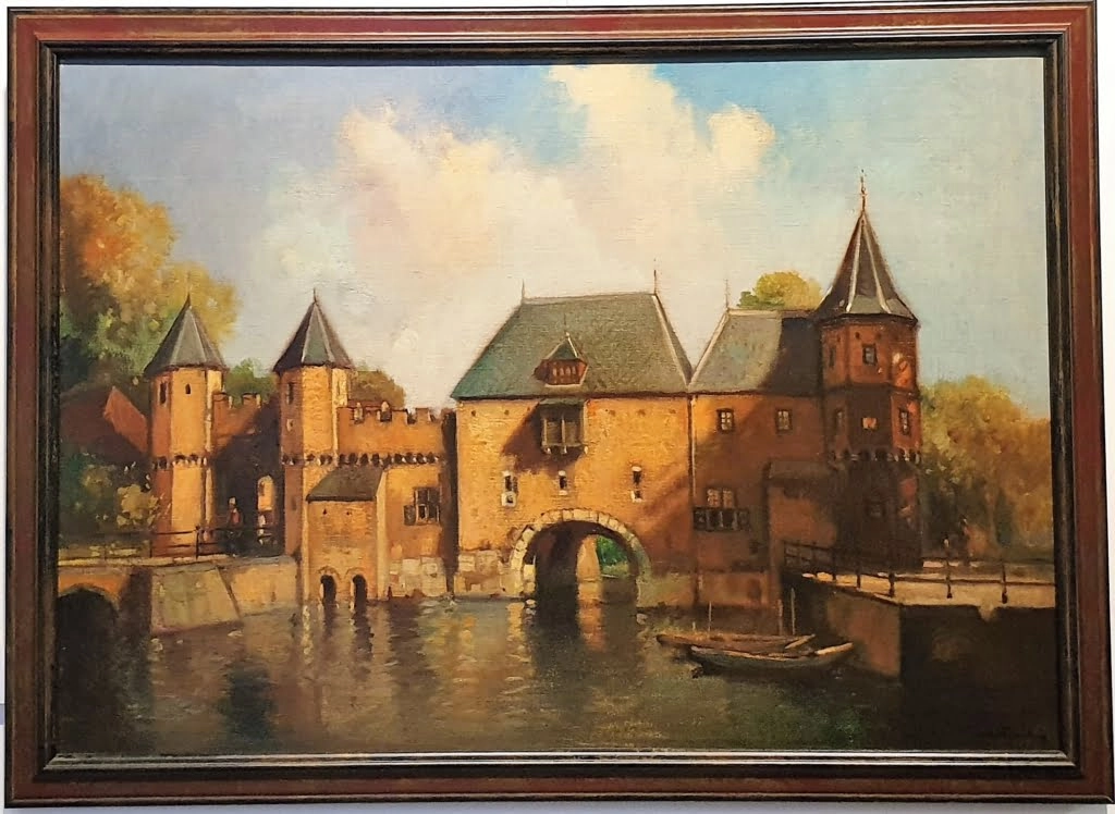 een olieverfschilderij van een kasteel aan het water