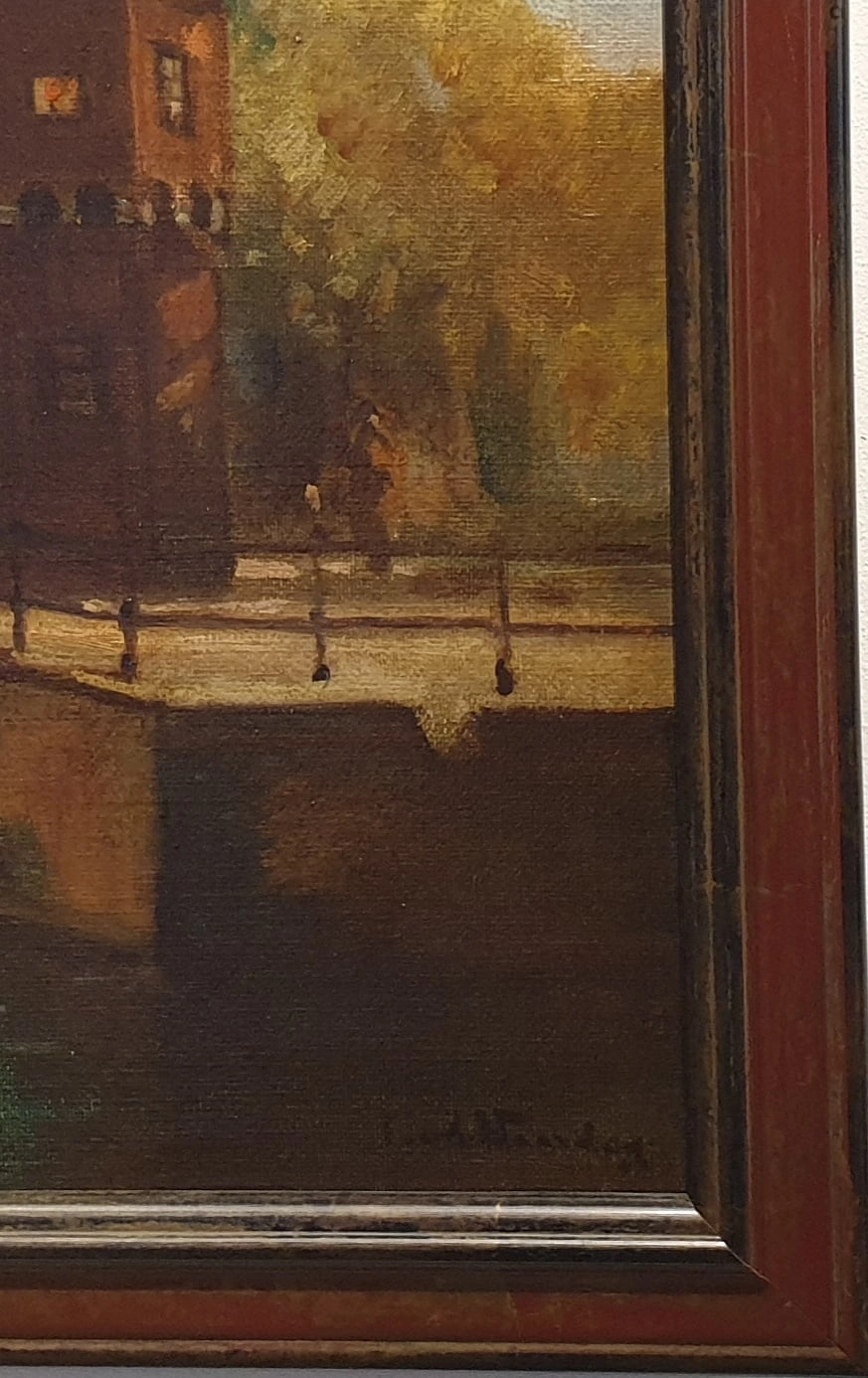 een olieverfschilderij van een huis aan het water