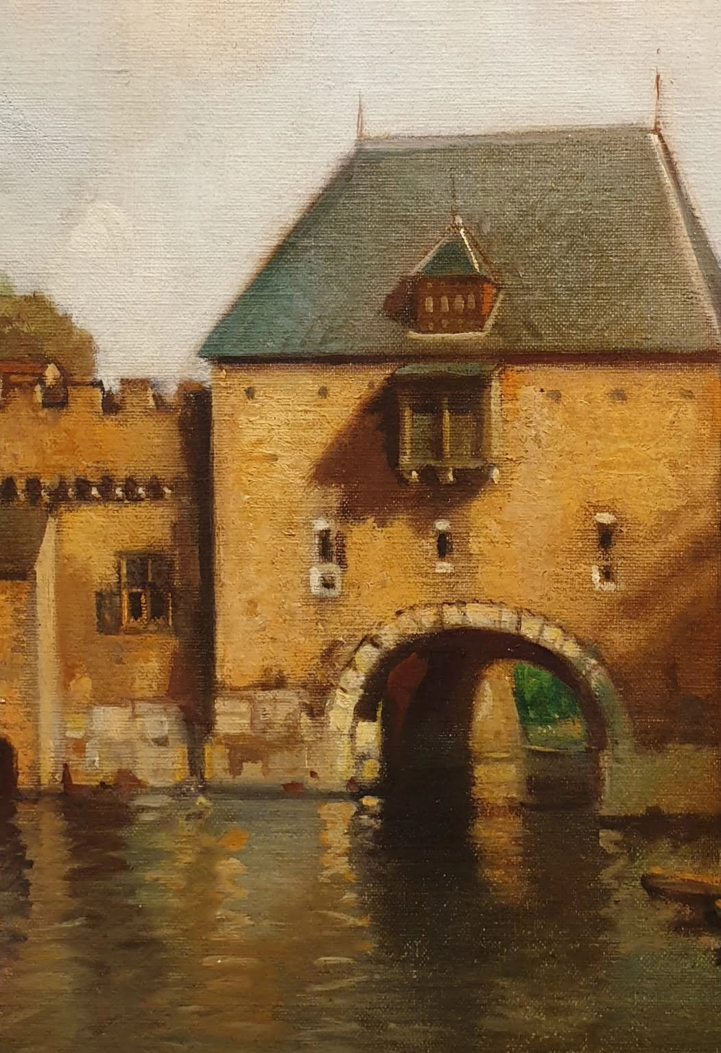 een schilderij van een brug over een watermassa