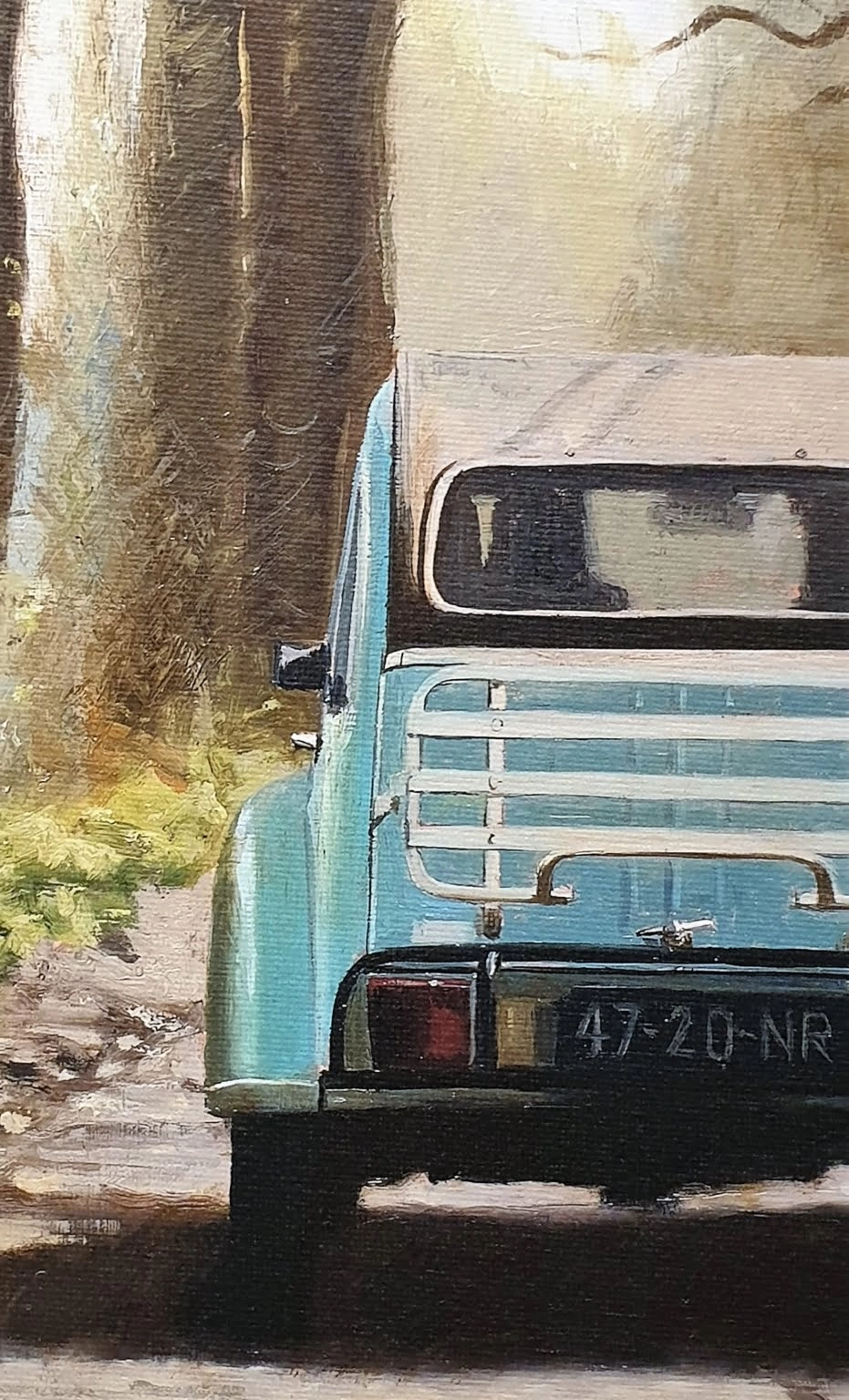 een schilderij van een blauwe vrachtwagen geparkeerd aan de kant van een weg