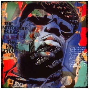 een schilderij van een man met bril en muzieknoten