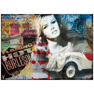 een schilderij van het gezicht en de auto van een vrouw