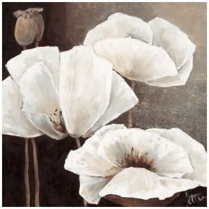 een schilderij van drie witte bloemen op een zwarte achtergrond