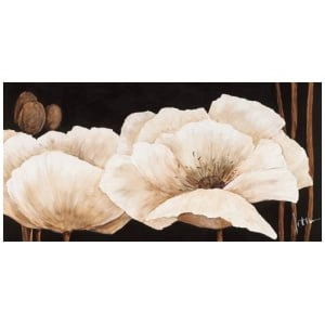 een schilderij van drie witte bloemen op een zwarte achtergrond