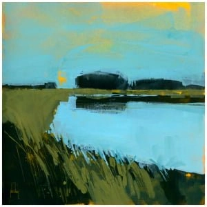 een abstract schilderij met blauwe en gele kleuren