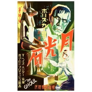 een oude chinese filmposter met een man en een hond