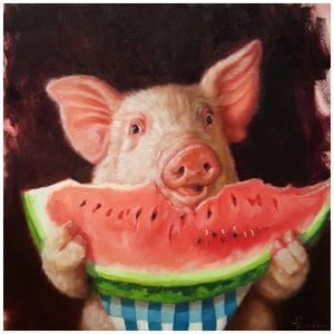 een schilderij van een varken dat een stuk watermeloen vasthoudt