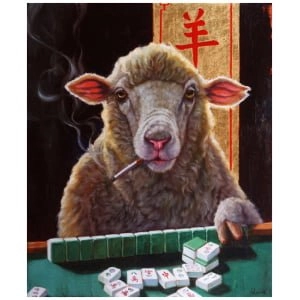 een schilderij van een schaap dat een sigaret rookt