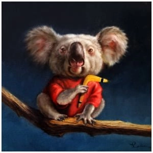 een schilderij van een koala die een geel voorwerp vasthoudt