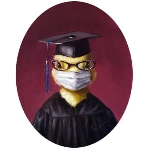 een schilderij van een eend met een afstudeerpet en een bril