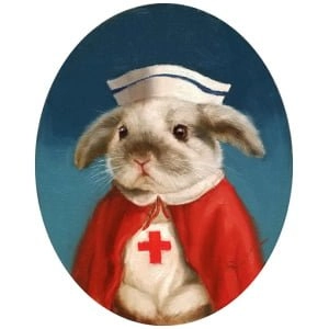 een schilderij van een konijn dat een Rode Kruis-uniform draagt
