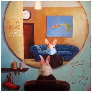 een schilderij van een konijn met een gezichtsmasker