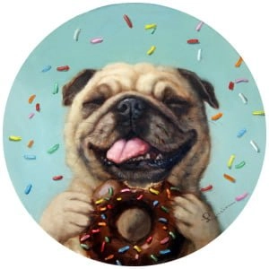 een schilderij van een hond die een donut vasthoudt met hagelslag