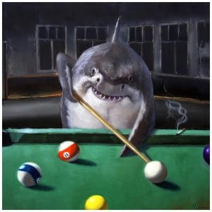 een haai speelt pool met biljart en ballen