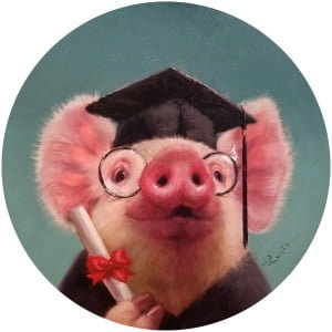 een varken met een bril en een afstudeerpet
