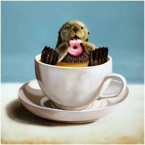 een schilderij van een hond in een beker met een donut