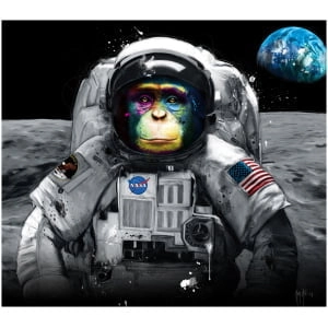 een astronautaap ​​op de maan met de aarde op de achtergrond