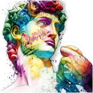 een tekening van een man met kleurrijk haar