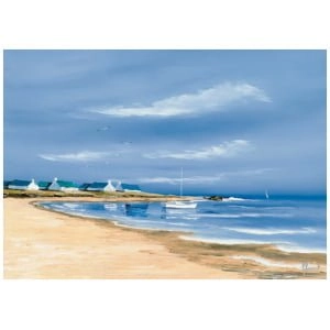 een schilderij van een strand met boten erop