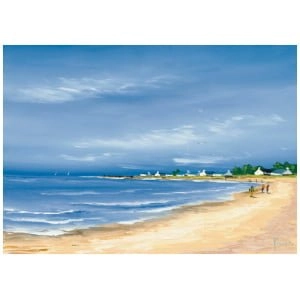 een schilderij van mensen die op het strand lopen