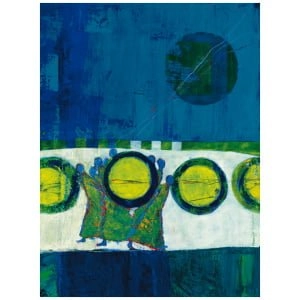 een abstract schilderij met gele cirkels en blauwe achtergrond