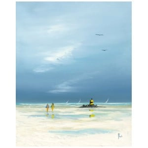 twee mensen lopen op het strand onder een bewolkte hemel